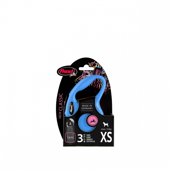 Рулетка Flexi New Classic XS, 3 м, 12 кг, лента, синий