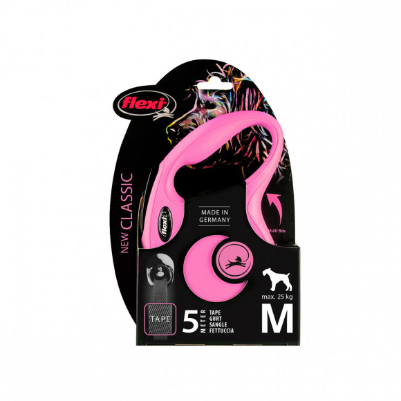 Рулетка Flexi New Classic M, 5 м, 25 кг, лента, розовый