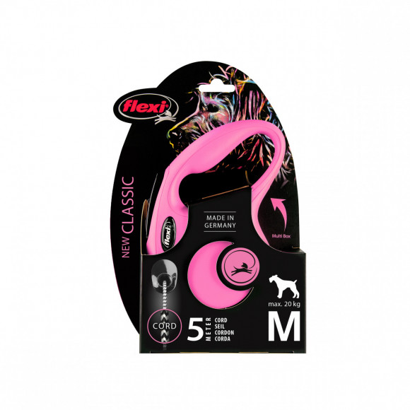 Рулетка Flexi New Classic M, 5 м, 20 кг, трос, розовый